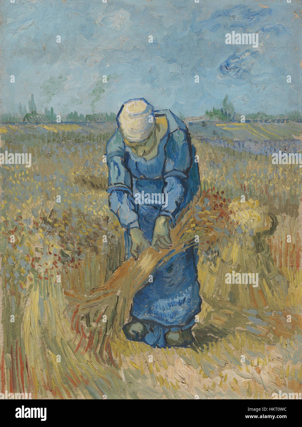 De Schovenbindster, une peinture de Vincent van Gogh, présentant une femme rurale récoltant des cultures, inspirée par l'œuvre de Jean-François Millet, un peintre français connu pour ses scènes de la vie paysanne. Banque D'Images