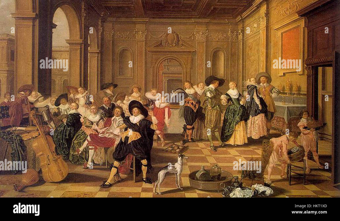 « Banquet Scene in a Renaissance Hall » de Dirck Hals présente une représentation animée d'un banquet, un sujet populaire dans le néerlandais du XVIIe siècle Ce tableau capture l’atmosphère festive et la dynamique sociale de l’époque. Banque D'Images