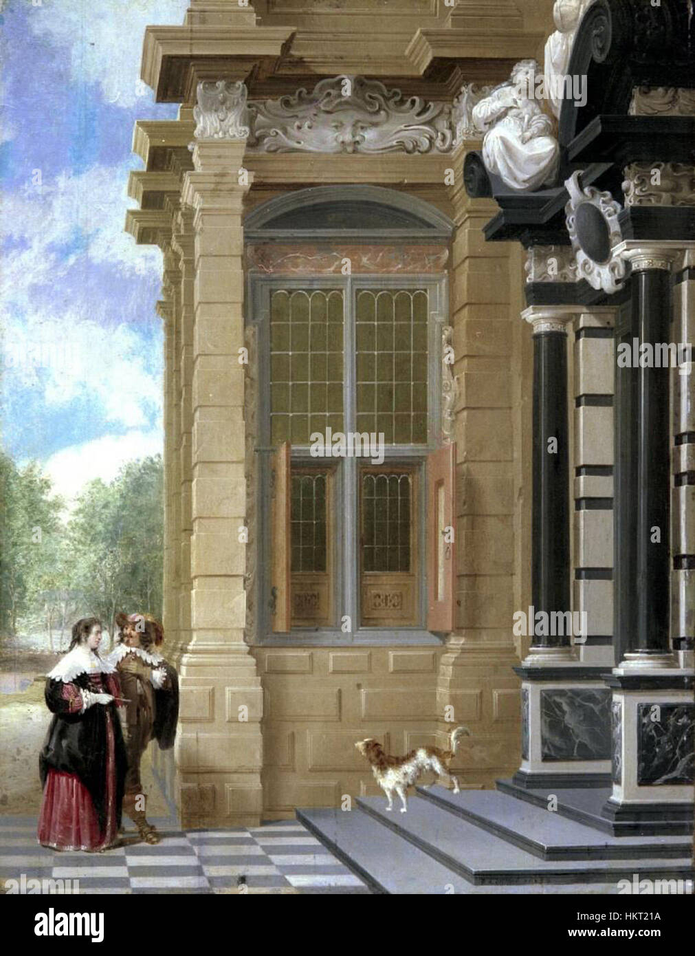 'Extérieur de un Palacio' de Dirck van Delen est une peinture du XVIIe siècle mettant en valeur la grande architecture d'un palais. L'œuvre d'art capture l'extérieur détaillé du bâtiment, reflétant l'accent mis par la période baroque sur la grandeur et l'opulence. Banque D'Images