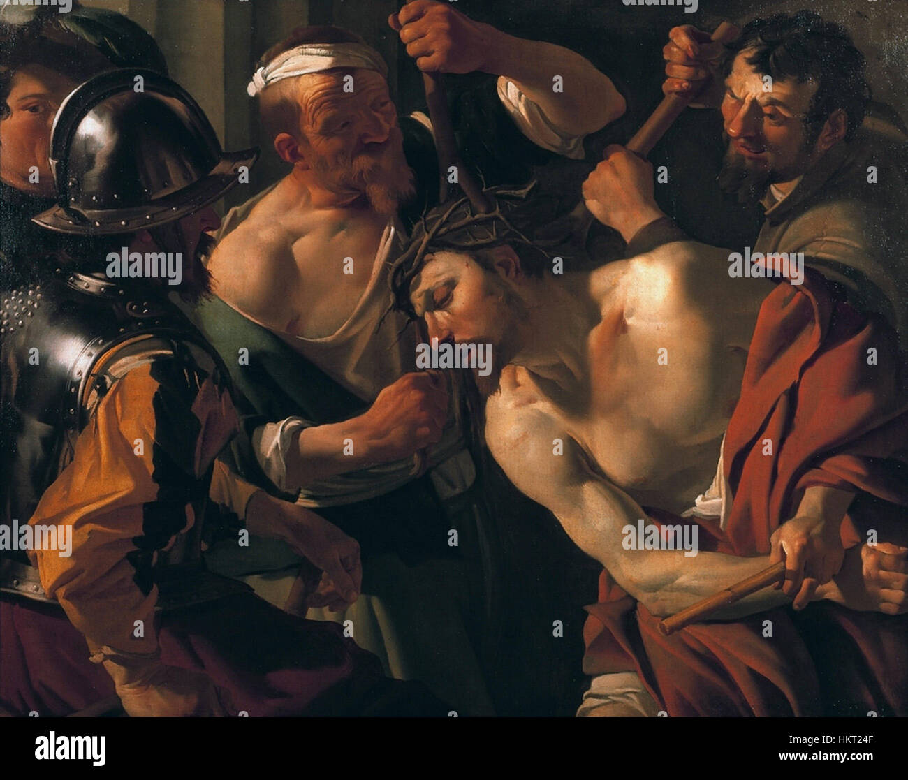 « Kroning met de doornenkroon » de Dirk van Baburen (couronnement de la couronne d’épines) est une peinture à l’huile religieuse représentant la couronne d’épines placée sur la tête du Christ, symbolisant à la fois la souffrance et la révérence dans le récit de passion. Banque D'Images