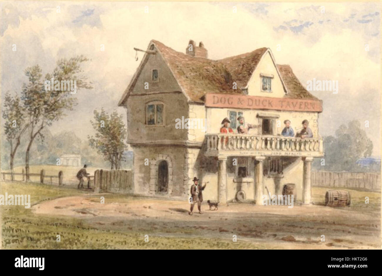 *Dog and Duck Tavern* de Shepherd dépeint une scène animée dans une taverne historique, offrant un aperçu de la culture des tavernes du XVIIIe siècle. La peinture capture l'atmosphère animée de l'époque, avec des personnages appréciant leur temps à l'établissement. Banque D'Images