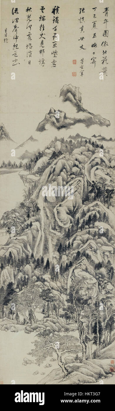 Cette peinture de 1617 de Dong Qichang, intitulée « les montagnes Qingbian », est une œuvre emblématique de la peinture de paysage chinoise. La pièce met en valeur la maîtrise du pinceau traditionnel de Dong et son mélange de calligraphie et d’art visuel, mettant l’accent sur la beauté de la nature et la philosophie du taoïsme. Banque D'Images Cette peinture de 1617 de Dong Qichang, intitulée « les montagnes Qingbian », est une œuvre emblématique de la peinture de paysage chinoise. La pièce met en valeur la maîtrise du pinceau traditionnel de Dong et son mélange de calligraphie et d’art visuel, mettant l’accent sur la beauté de la nature et la philosophie du taoïsme. Banque D'Images