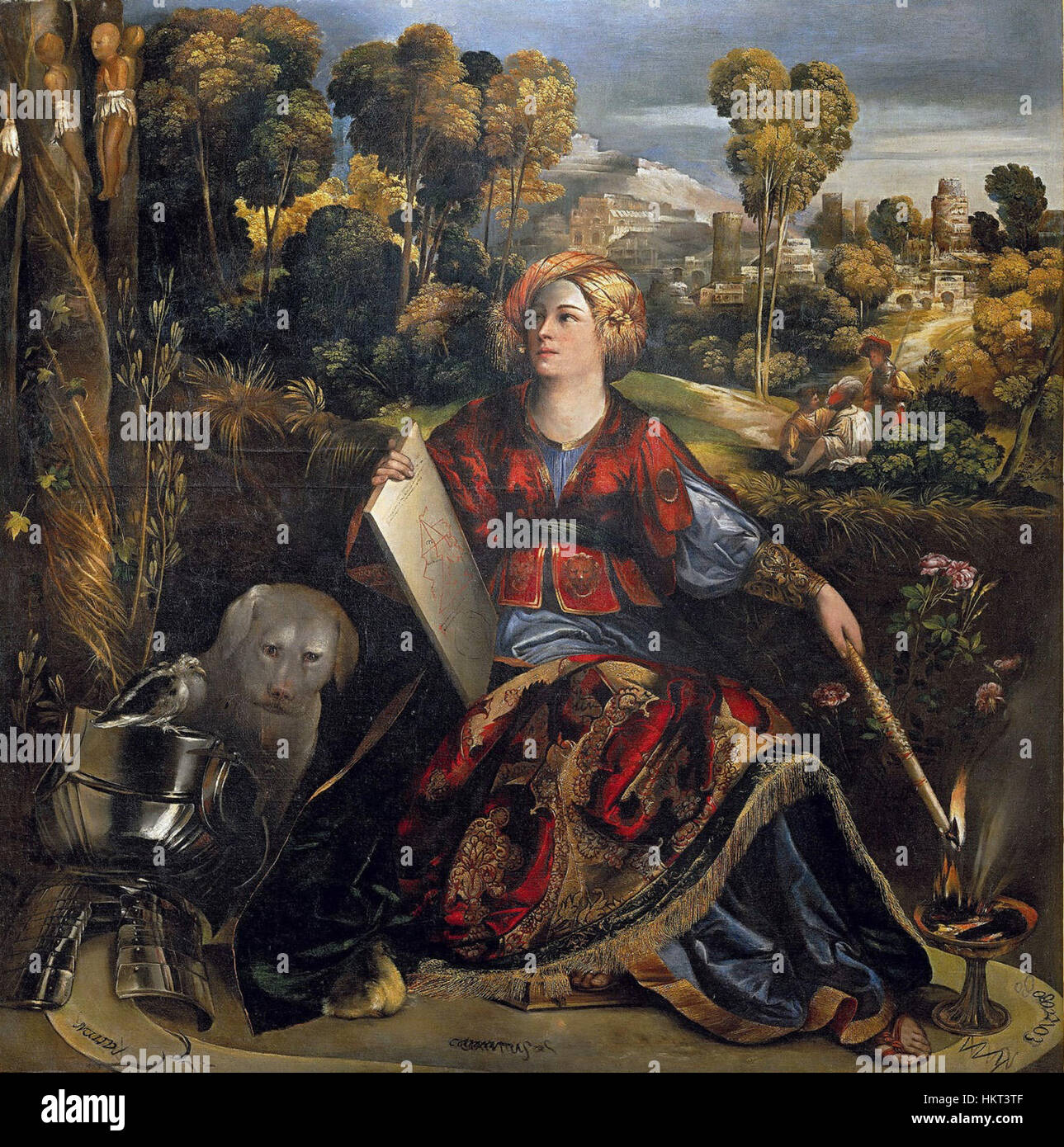 *Dosso Dossi* est un artiste de la Renaissance connu pour ses portraits détaillés et symboliques. Ce travail reflète l'utilisation par l'artiste de couleurs riches et de design complexe, mélangeant souvent des thèmes mythologiques et historiques dans ses compositions. Banque D'Images