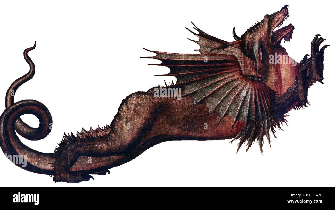 Une peinture de Vittore Carpaccio, intitulée 'Dragon', représentant un dragon mythique dans une scène dramatique et colorée. Le travail de Carpaccio est connu pour ses détails et sa représentation vivante de thèmes légendaires. Banque D'Images