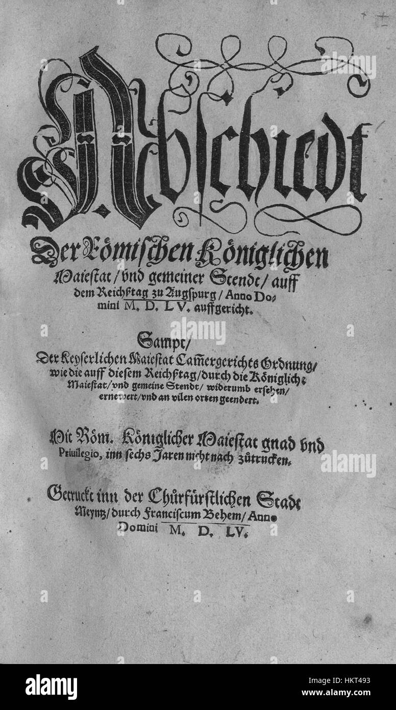 Le 'Druck Augsburger Reichsfrieden' est une estampe historique qui commémore la paix d'Augsbourg, signée en 1555. L'estampe représente probablement des scènes de cet événement important de l'histoire européenne, qui a joué un rôle déterminant dans le façonnement du paysage religieux et politique du Saint-Empire romain germanique. Cette œuvre fait partie d'une collection d'art historique, mettant en valeur des techniques vintage et des récits historiques à travers sa conception et sa composition. Banque D'Images