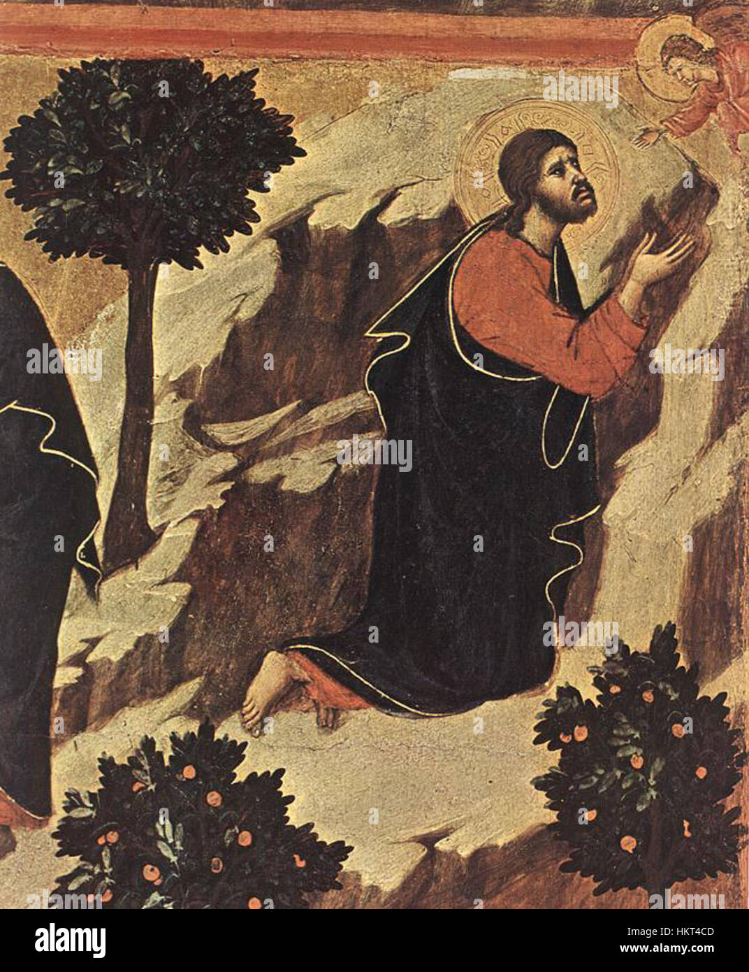 Ce détail de "l'agonie dans le jardin" de Duccio di Buoninsegna dépeint l'intensité émotionnelle de la prière du Christ dans le jardin de Gethsémani. La peinture du XIVe siècle met en valeur la maîtrise de Duccio dans la narration religieuse et les influences byzantines. Banque D'Images