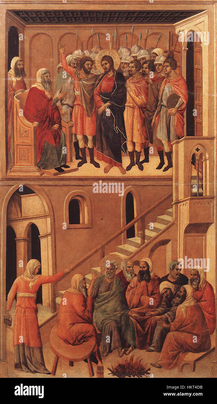Cette peinture du XIVe siècle de Duccio di Buoninsegna représente deux moments cruciaux de la passion du Christ : l’apparition du Christ devant Annas et la négation de Jésus par Pierre. L'œuvre met en évidence l'utilisation par Buoninsegna des détails narratifs, avec des couleurs vives et des figures complexes, caractéristiques du style gothique siennois. Banque D'Images Cette peinture du XIVe siècle de Duccio di Buoninsegna représente deux moments cruciaux de la passion du Christ : l’apparition du Christ devant Annas et la négation de Jésus par Pierre. L'œuvre met en évidence l'utilisation par Buoninsegna des détails narratifs, avec des couleurs vives et des figures complexes, caractéristiques du style gothique siennois. Banque D'Images
