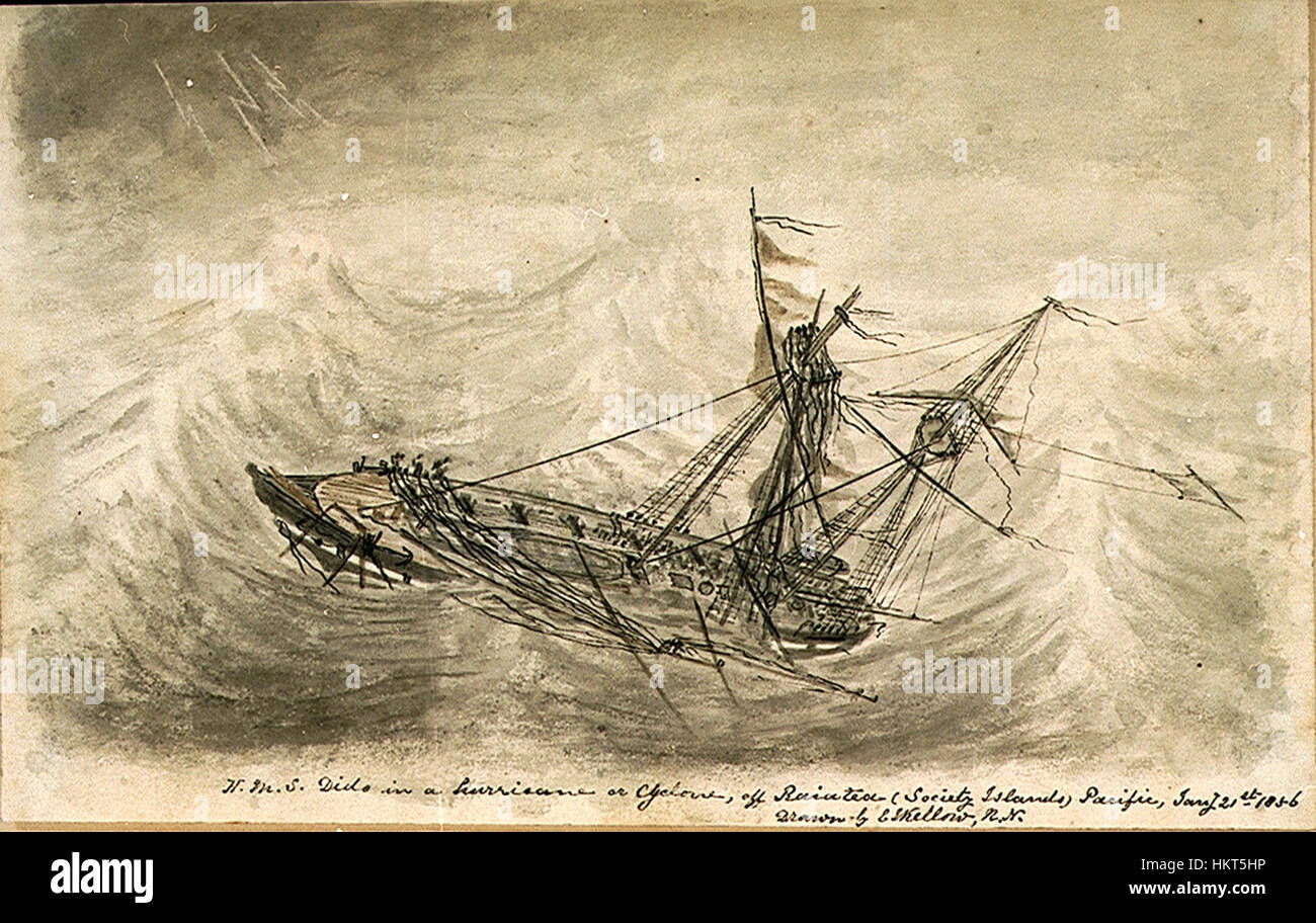 Cette peinture de E.J. Kellow représente le HMS Dido rencontrant un violent ouragan au large de la côte de Raiatea dans les îles de la Société. La scène capture la puissance intense de la nature et le péril auquel le navire de guerre britannique a été confronté lors de son voyage dans le Pacifique en 1856. Banque D'Images