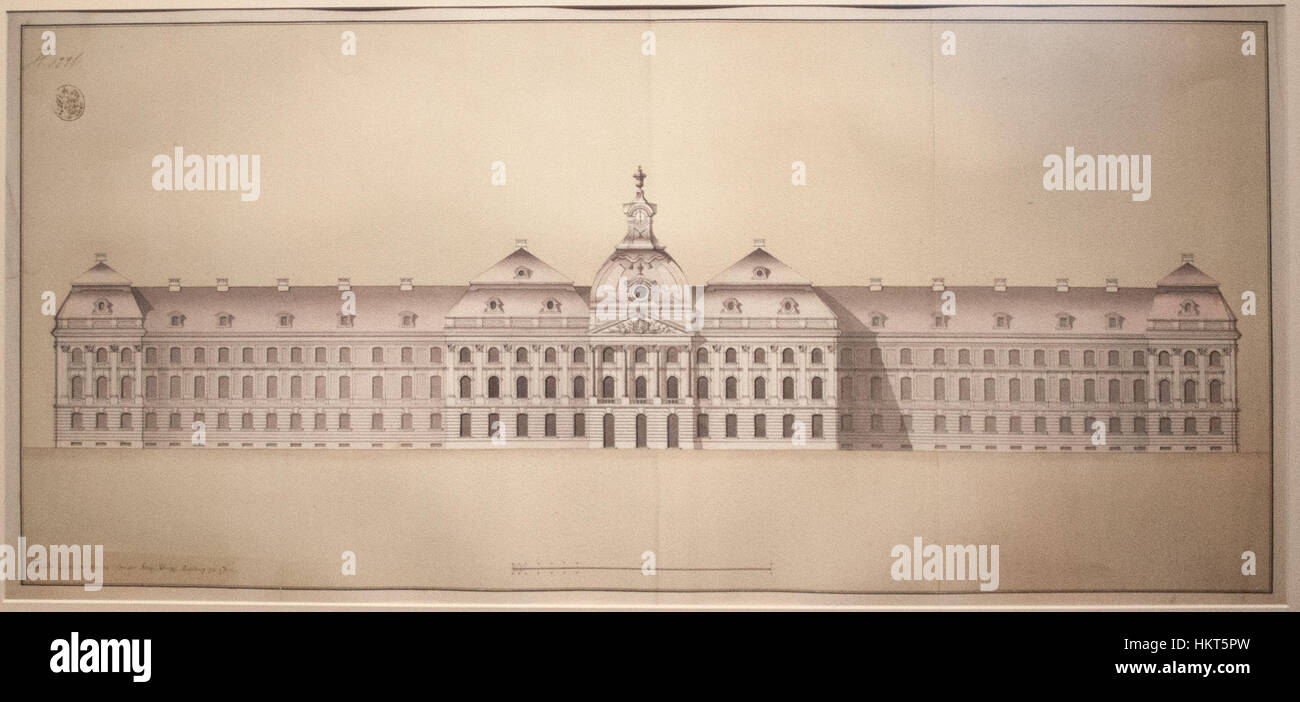 Cette œuvre présente l'élévation est du Palais Royal, datant d'environ 1770. La représentation détaillée met en valeur la grandeur architecturale du palais, avec son design symétrique, ses colonnes classiques et sa décoration ornée. Cette pièce d'époque met en valeur le style architectural néoclassique qui prévalait à la fin du XVIIIe siècle, mettant l'accent sur l'équilibre et l'ordre dans la conception. Banque D'Images