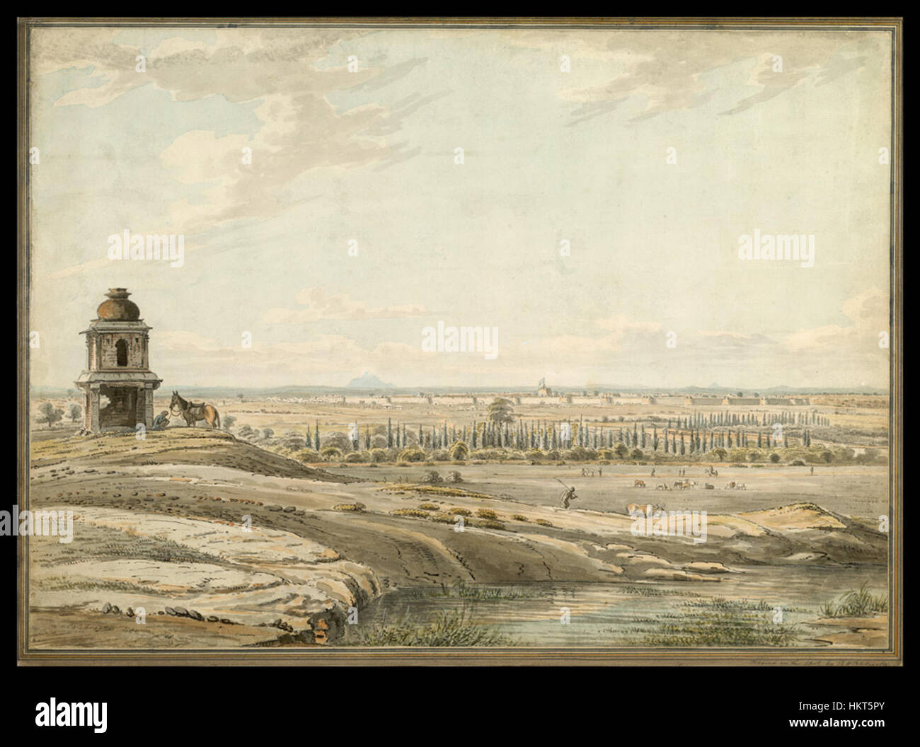 Cette œuvre d'art présente une vue vers l'est de Bangalore, avec un petit sanctuaire, un cavalier démonté et le pâturage du bétail. La peinture reflète la vie et le paysage dans l'Inde coloniale, capturant l'harmonie de la nature et de la culture. Banque D'Images