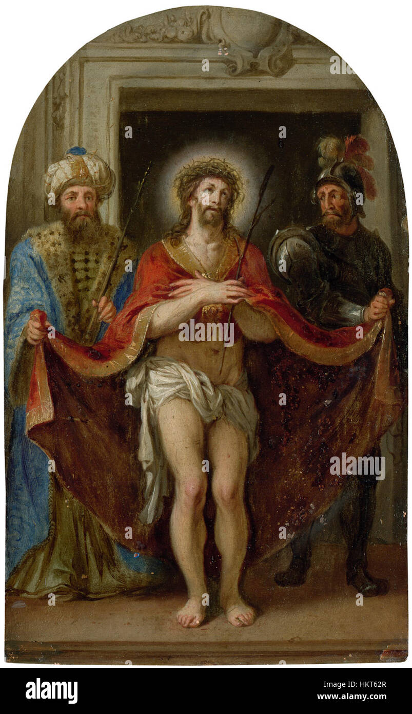 'Ecce Homo' (allemand, c. 1600) est une peinture religieuse puissante qui représente le Christ souffrant, capturant à la fois l'intensité émotionnelle et les détails fins. L'œuvre reflète les thèmes du sacrifice et de la rédemption dans l'iconographie chrétienne. Banque D'Images