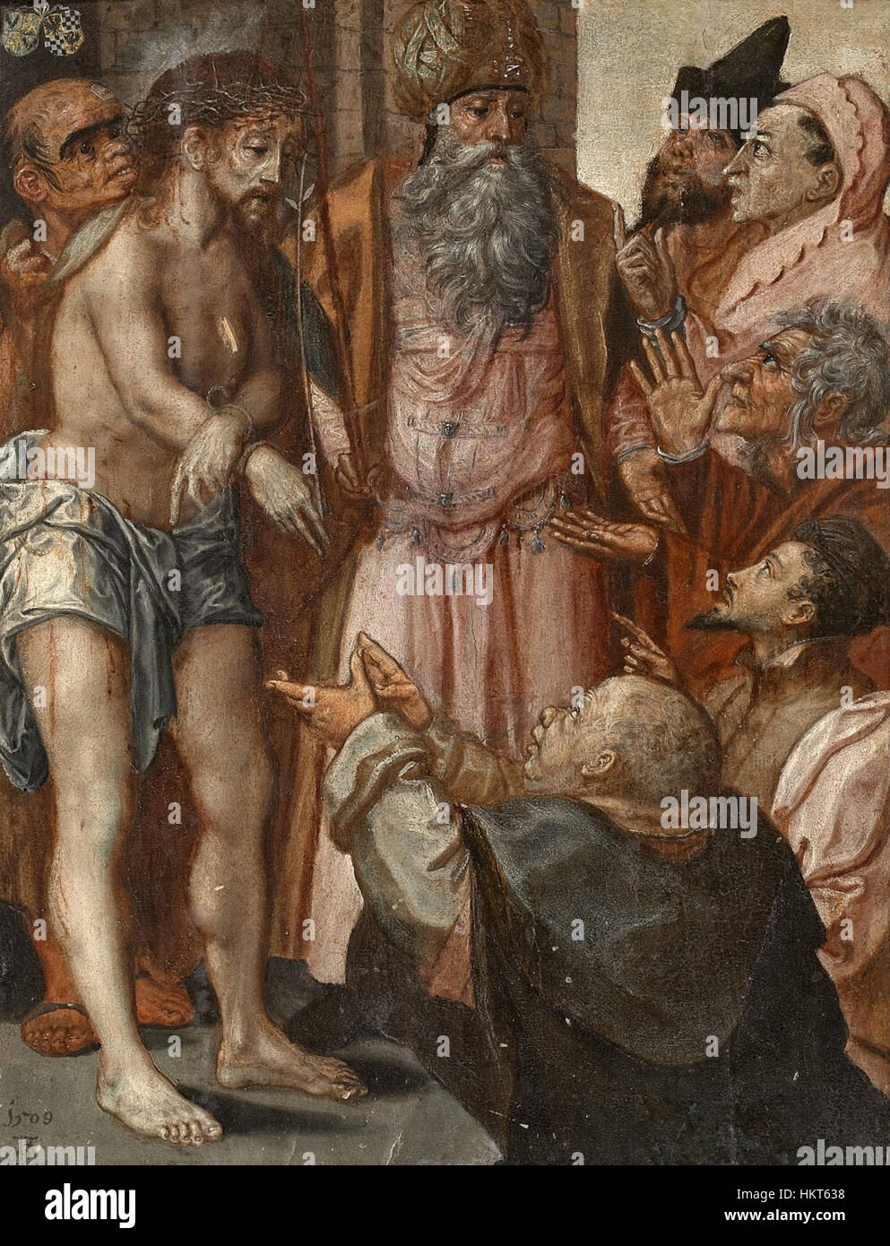 'Ecce Homo', créé vers 1600, est une peinture religieuse qui représente le Christ souffrant. Cette pièce, typique de la période baroque, utilise des expressions dramatiques et une composition dynamique pour mettre en valeur l’intensité émotionnelle de la scène. L'œuvre d'art souligne la tristesse de la figure du Christ et l'intensité du récit de la passion. Banque D'Images