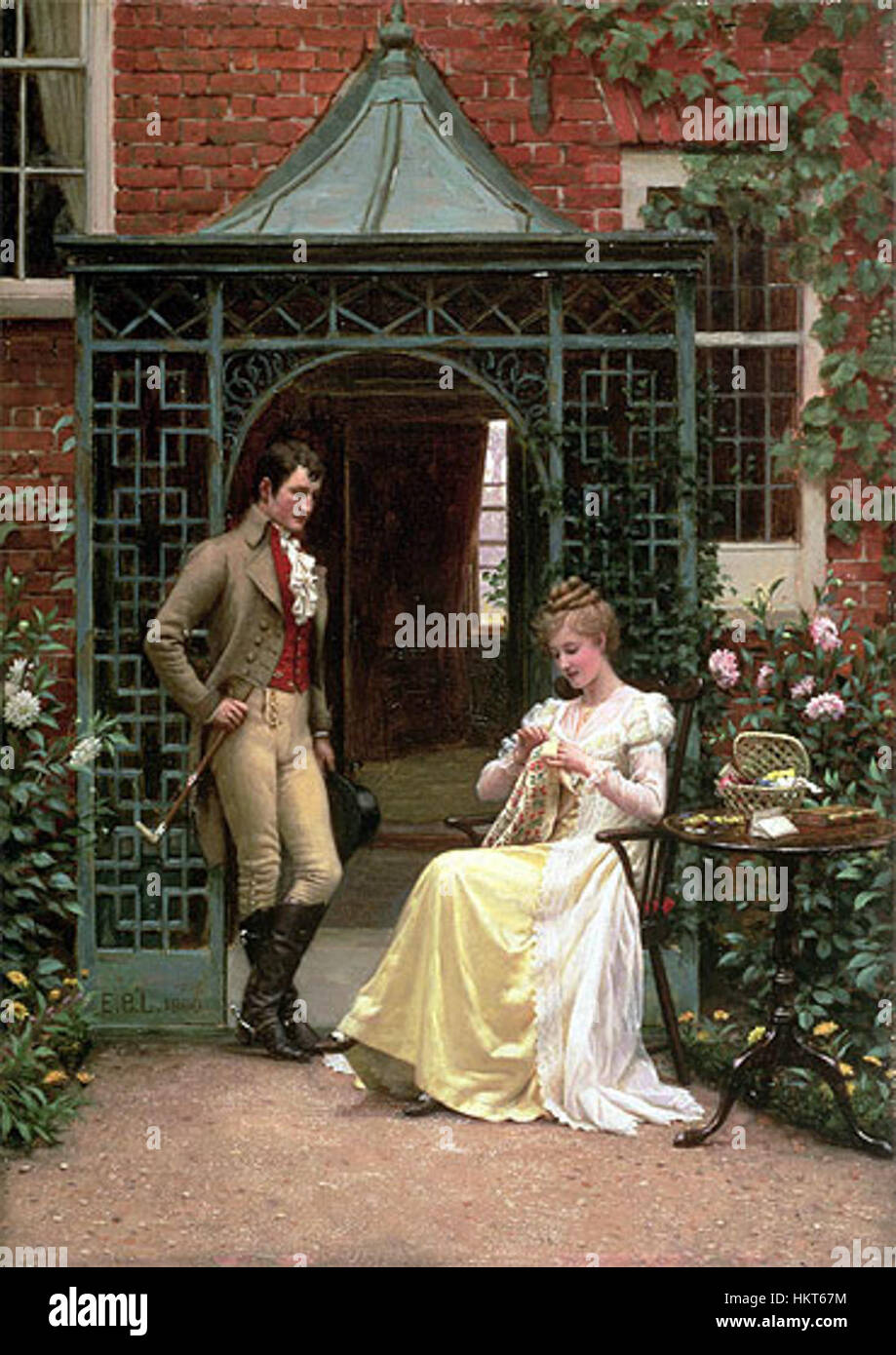 'On the Threshold' d'Edmund Blair Leighton capture un moment romantique et poignant, représentant une femme debout devant une porte, symbolisant le passage entre deux mondes. La peinture reflète la maîtrise de Leighton dans la représentation de la profondeur émotionnelle. Banque D'Images