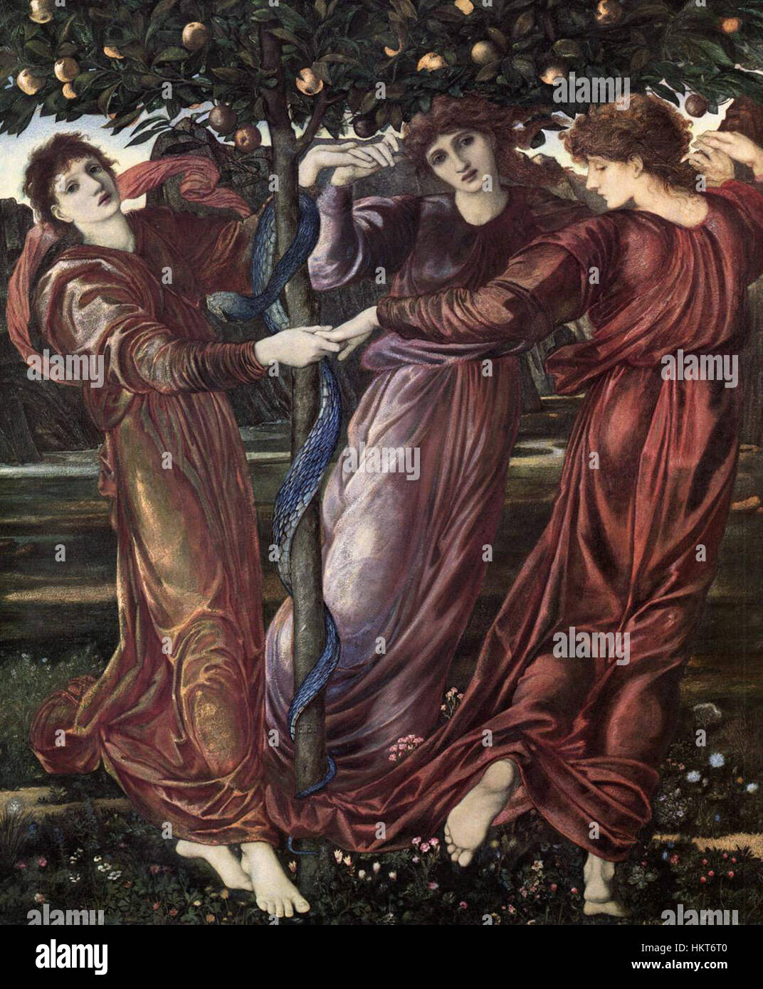 Une peinture du XIXe siècle d'Edward Burne-Jones, « le jardin des Hespérides », mettant en valeur la mythologie classique et le style artistique victorien. Banque D'Images