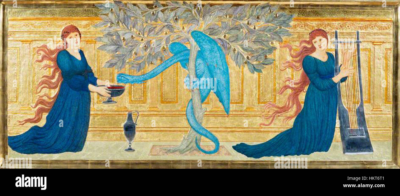 Ce tableau de 1880-1881 d'Edward Burne-Jones illustre le mythique jardin des Hespérides, connu pour ses pommes dorées. La composition détaillée mélange des thèmes mythologiques avec le style préraphaélite, mettant en valeur la maîtrise de Burne-Jones dans la représentation de sujets mythiques. Banque D'Images