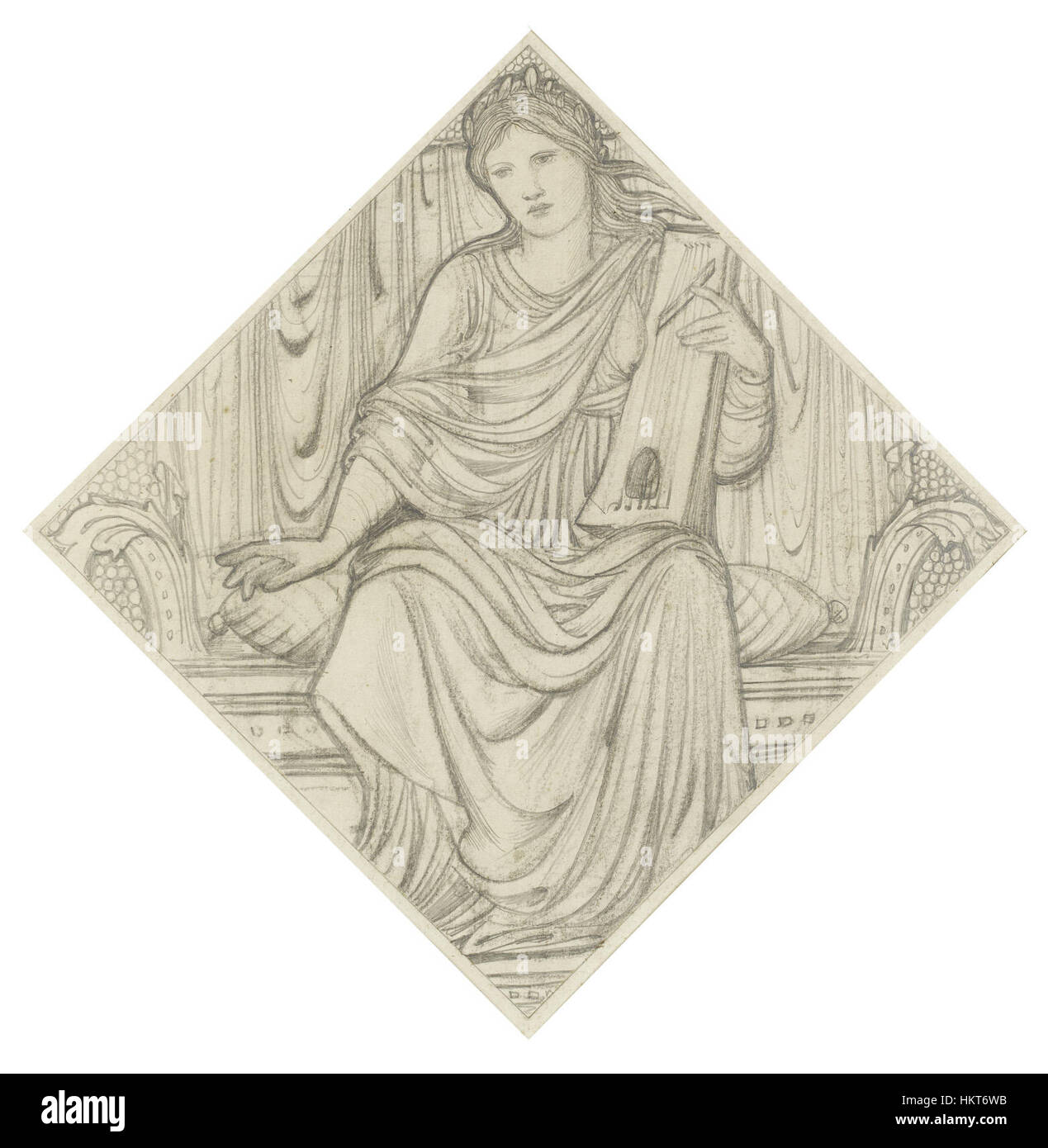 Cette peinture d'Edward Coley Burne-Jones représente une femme jouant d'une lyre, capturant l'élégance et la grâce de la figure. Le style de Burne-Jones, influencé par le préraphaélitisme, met l'accent sur les détails fins et les thèmes historiques. Banque D'Images