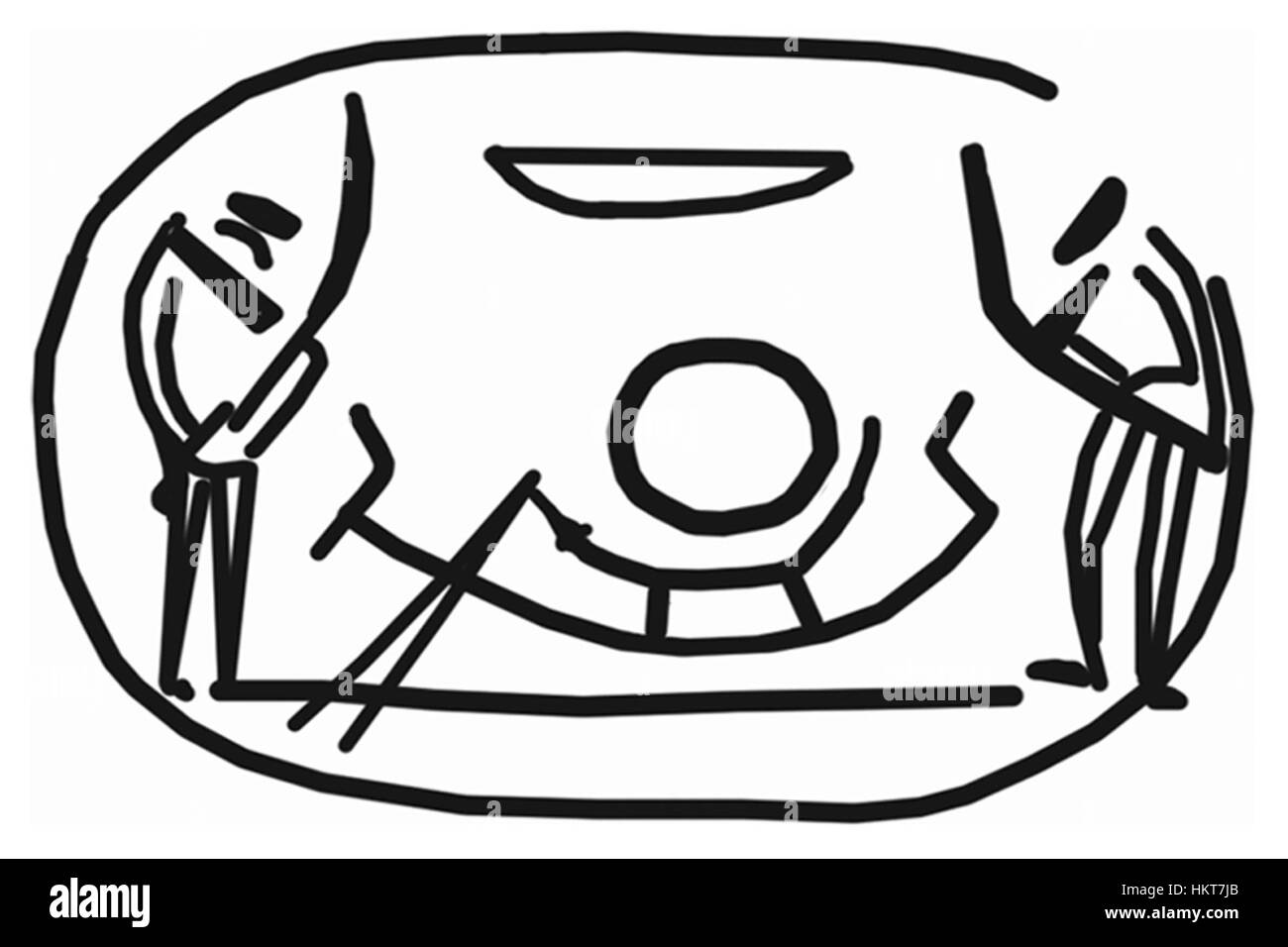 Ce scarabée égyptien présente une scène d'adoration, avec la barque solaire et les babouins symbolisant le lien entre les royaumes divin et terrestre. Il reflète les pratiques religieuses de l'Egypte ancienne et la révérence pour le Dieu soleil Ra. Banque D'Images