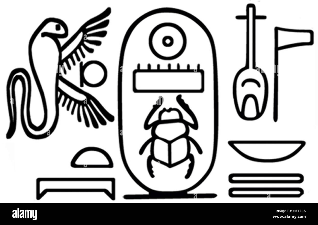 Le scarabée montré est une pièce de l'Egypte ancienne, portant le nom de trône de Pharaon Thoutmôsis III. L'inscription identifie le souverain et donne un aperçu du système d'écriture égyptien. Banque D'Images