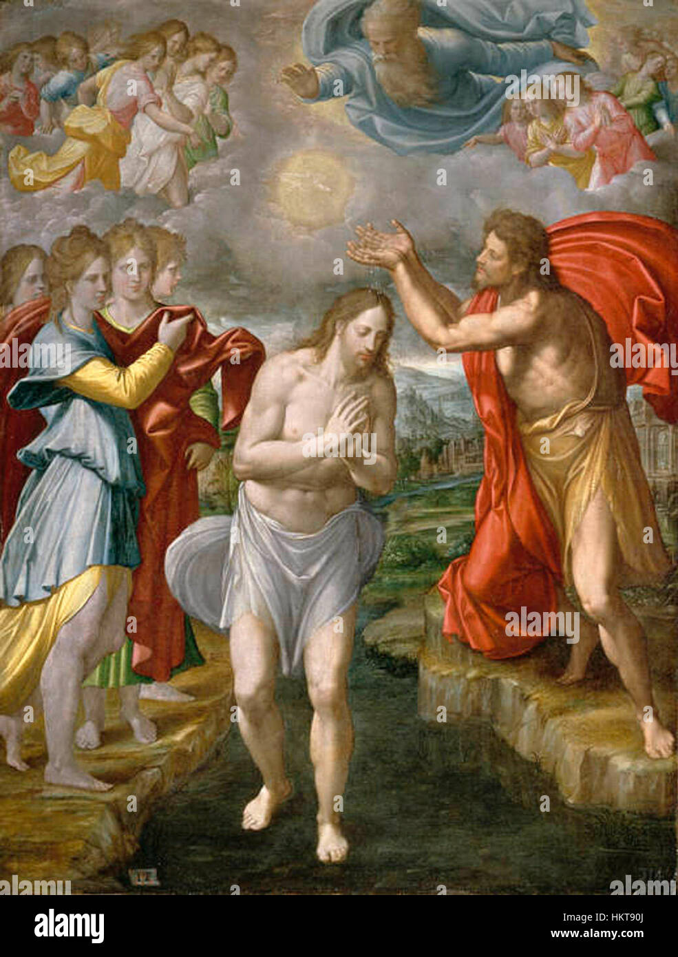 'El Bautismo de Cristo' de Navarrete el Mudo est une peinture religieuse représentant le baptême du Christ. L'œuvre reflète le style Renaissance espagnole, avec sa palette de couleurs vibrante et l'attention portée aux thèmes bibliques. Banque D'Images