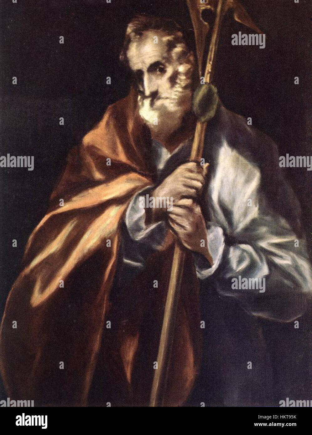 « Apostle constitué Thaddeus (Jude) » d’El Greco dépeint la figure biblique avec une utilisation dramatique de la lumière et de l’ombre, reflétant le style unique de l’artiste. La peinture est connue pour son intensité spirituelle et ses figures allongées, caractéristiques de l’approche d’El Greco sur les sujets religieux. Banque D'Images « Apostle constitué Thaddeus (Jude) » d’El Greco dépeint la figure biblique avec une utilisation dramatique de la lumière et de l’ombre, reflétant le style unique de l’artiste. La peinture est connue pour son intensité spirituelle et ses figures allongées, caractéristiques de l’approche d’El Greco sur les sujets religieux. Banque D'Images