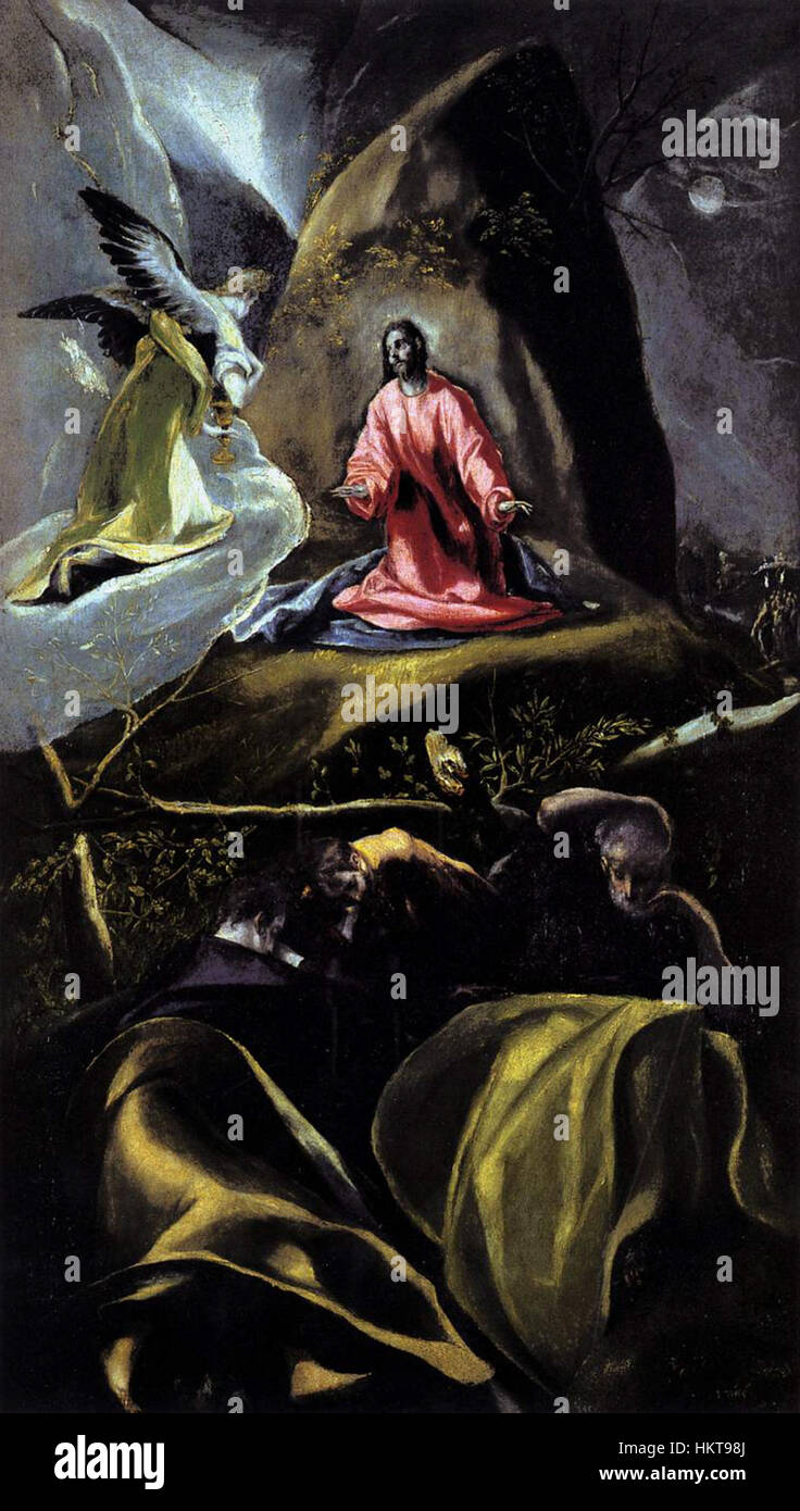 « L’agonie dans le jardin » d’El Greco présente une représentation puissante de la tourmente émotionnelle du Christ dans le jardin de Gethsémani, mettant en valeur l’utilisation dramatique de la couleur et de la lumière par l’artiste pour transmettre l’angoisse spirituelle et la signification du moment biblique. Banque D'Images