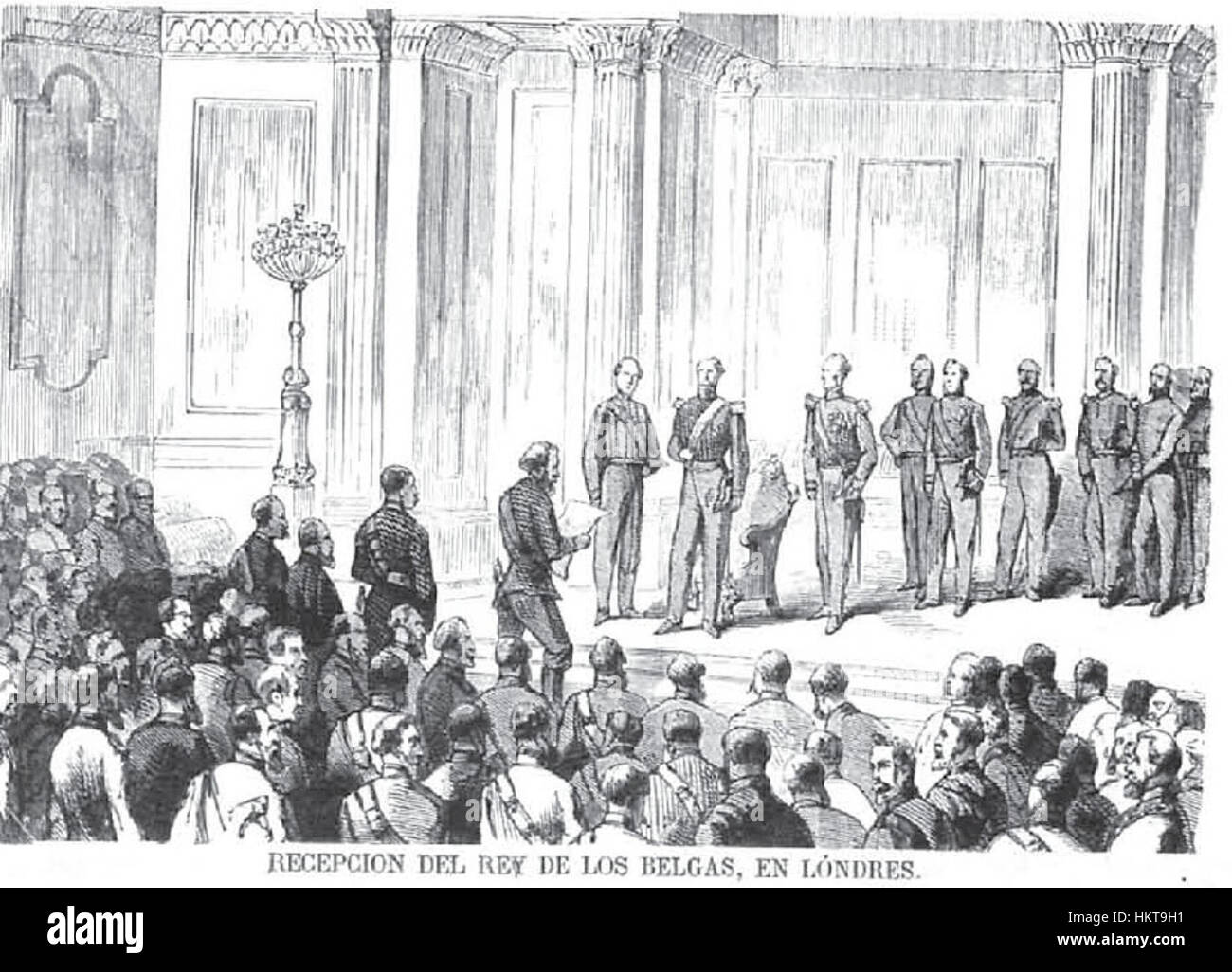 Une peinture historique représentant le roi de Belgique à Londres. Cette œuvre met en valeur un moment important du XIXe siècle, mettant en évidence l'interaction entre la monarchie belge et la société britannique lors d'une visite officielle. Banque D'Images