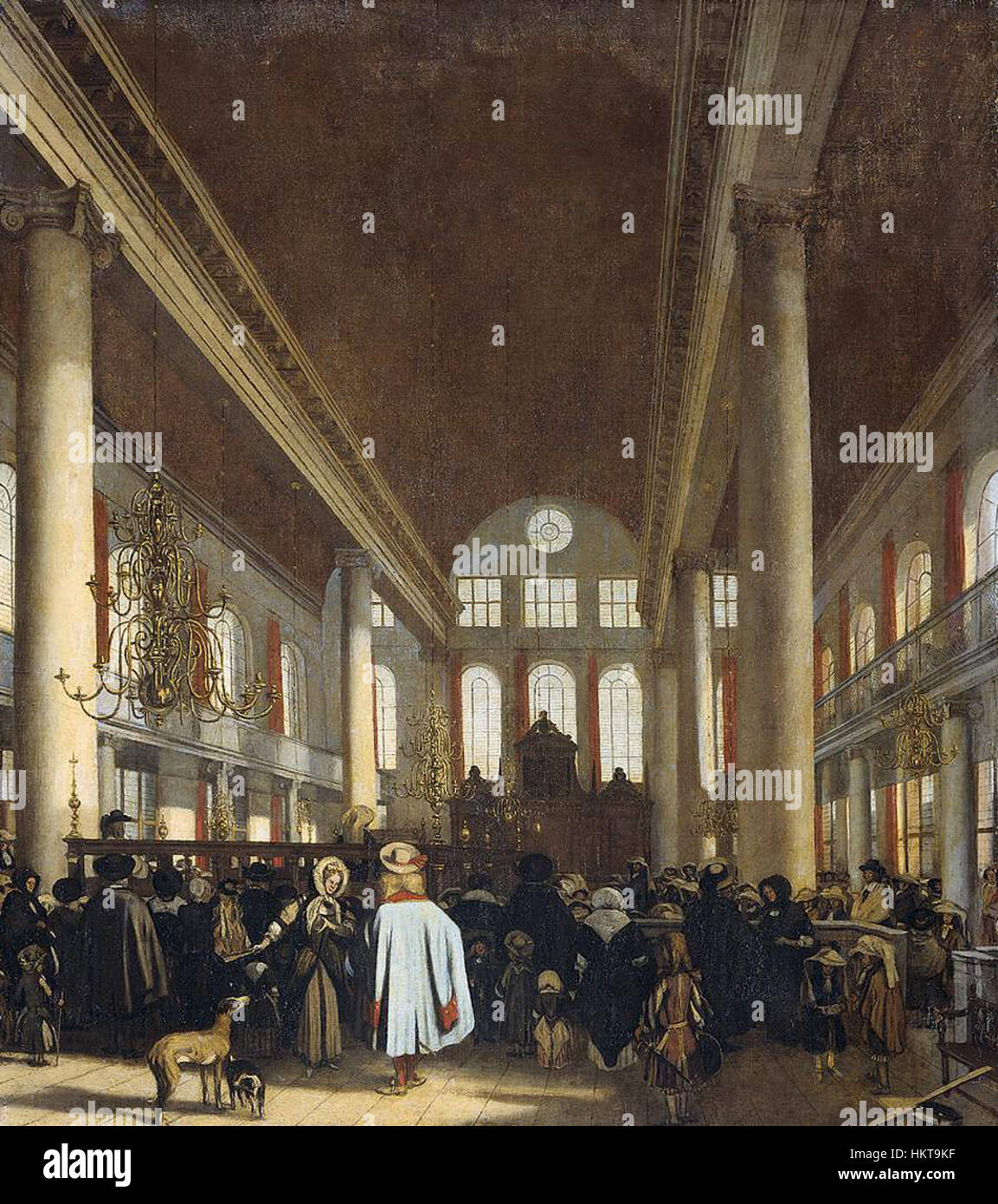 L'intérieur de la synagogue portugaise d'Amsterdam, une synagogue néerlandaise du XVIIe siècle, dans une peinture d'Emanuel de Witte, un peintre néerlandais connu pour ses scènes architecturales et d'intérieur. Banque D'Images
