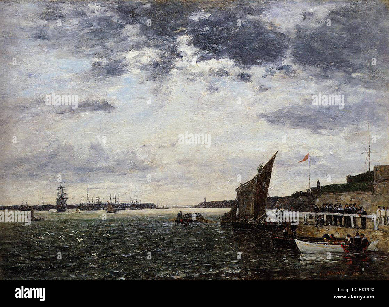 Embarquement de marins au port de Brest représente des marins embarquant sur des navires au port de Brest. La scène capture le moment historique de l'embarquement naval au cours du XVIIIe siècle, reflétant la vie maritime et les opérations navales de l'époque. Banque D'Images