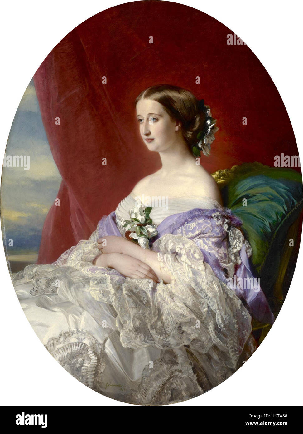 Cette peinture à l'huile de 1854 représente l'impératrice Eugénie, épouse de Napoléon III, dans un portrait élégant, soulignant sa présence royale et la mode victorienne. Banque D'Images