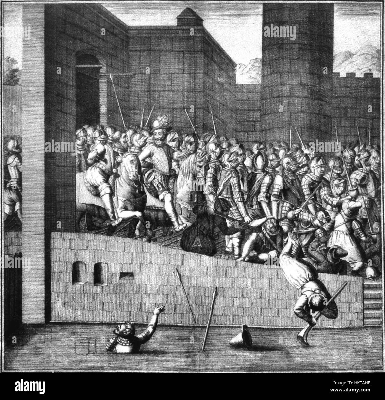 Ce tableau représente la grande entrée d'Henri IV à Paris le 22 mars 1594, marquant un moment important de l'histoire de France. L'image capture le retour du roi après sa conversion au catholicisme, un événement clé dans les guerres de religion françaises. Banque D'Images