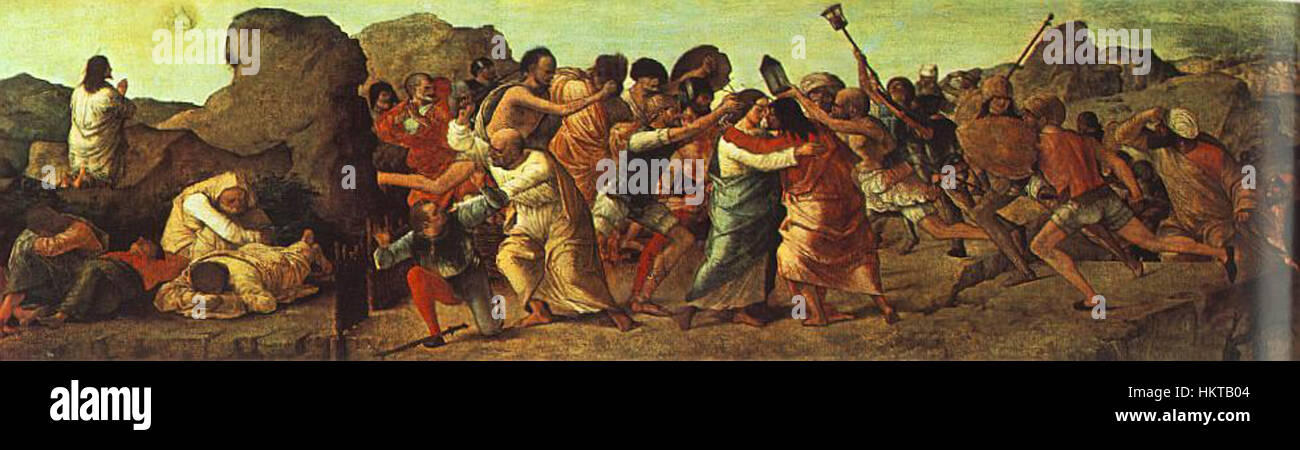 La peinture d'Ercole de' Roberti de la série Predella illustre les moments clés de la passion du Christ, y compris sa prière dans le jardin de Gethsémani et sa capture ultérieure. L'œuvre fait partie d'un retable plus grand, représentant des événements religieux cruciaux. Banque D'Images