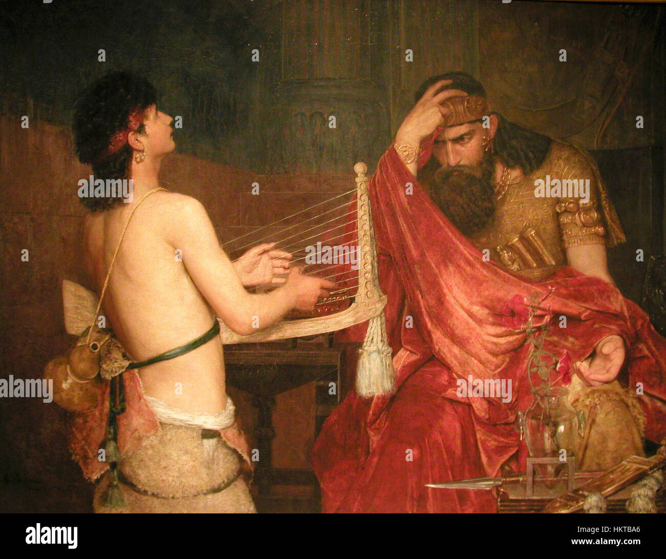 David och Saul d'Ernst Josephson (David et Saul) présente une scène biblique dramatique, capturant le moment tendu entre le roi Saul et David. Le style de Josephson est marqué par une intensité émotionnelle et un pinceau vif. Banque D'Images