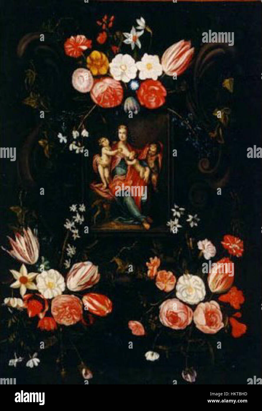 Cette peinture de l'école néerlandaise, « Guirlanda de Flores com cartucho », présente une couronne florale avec un cartouche, reflétant le style détaillé et vibrant des natures mortes néerlandaises La composition complexe met en valeur l'utilisation habile de la couleur et de la lumière, typique des thèmes botaniques de l'époque, qui étaient souvent employés pour symboliser l'abondance et la nature fugace de la vie. Banque D'Images