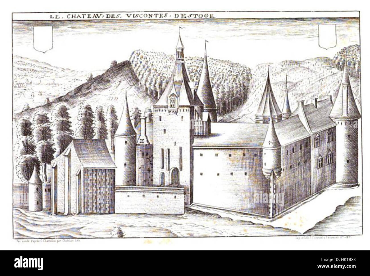 Une œuvre d'art intitulée 'Etoges nach Claude Chastillon', basée sur les œuvres originales de Claude Chastillon, représentant une scène historique avec des techniques de peinture classiques détaillées. La pièce met en valeur l'art français du XVIIe siècle et sa composition complexe. Banque D'Images