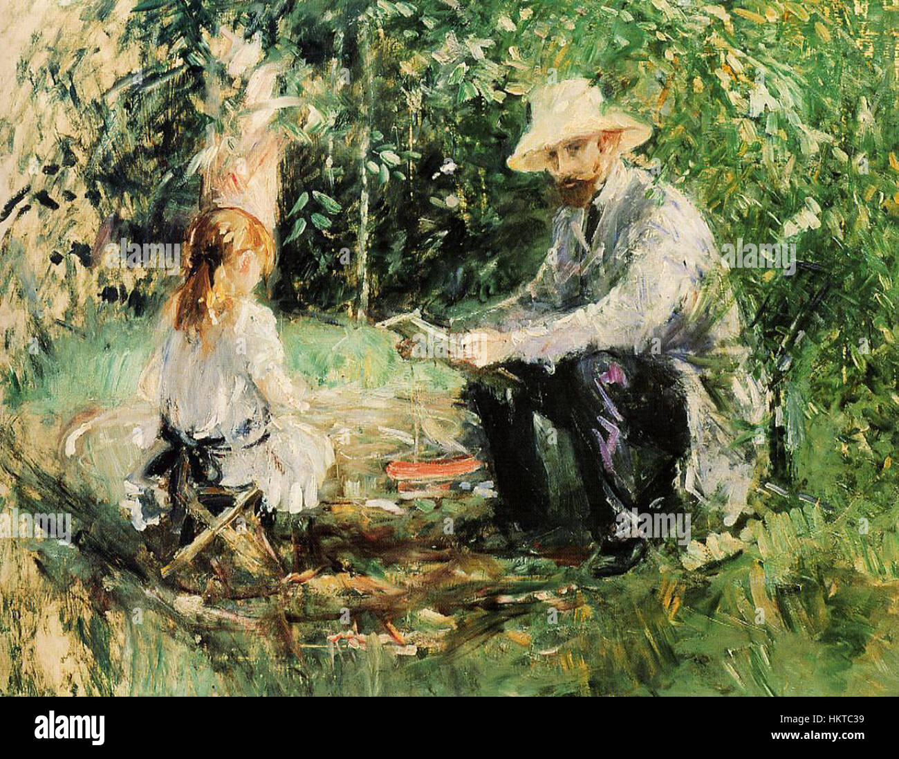 Ce tableau de Berthe Morisot, intitulé 'Eugène Manet et sa fille dans le jardin', représente un moment familial tendre dans le style impressionniste. Morisot capture la lumière naturelle et l’atmosphère intime typiques de son travail. Banque D'Images