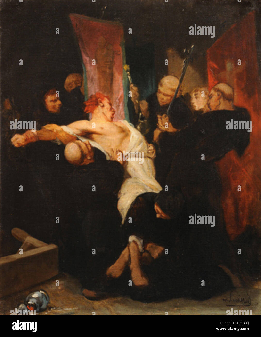 Le tableau Exorcisme d'Evariste Vital Luminais dépeint une scène religieuse dramatique, mettant l'accent sur la lutte surnaturelle entre le bien et le mal. L'œuvre capte une émotion intense, avec des détails vifs dans les figures et l'arrière-plan, reflétant le français du XIXe siècle Banque D'Images