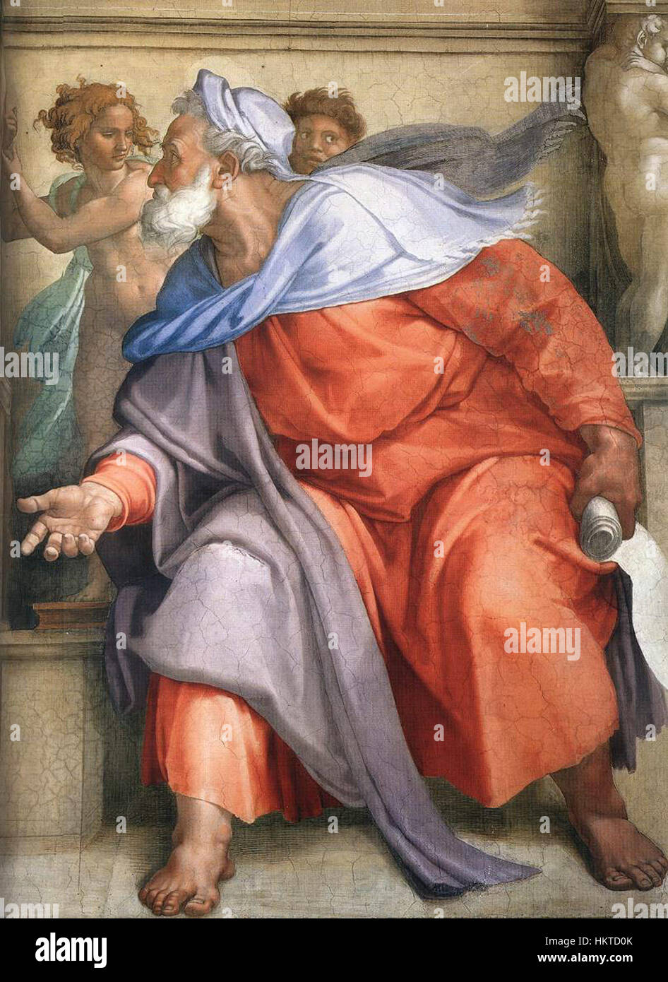 Cette peinture biblique, intitulée « Ézéchiel », représente le prophète Ézéchiel tel qu'envisagé dans les textes anciens. L’œuvre capture l’intensité spirituelle et les éléments dramatiques de la vision prophétique d’Ézéchiel. Banque D'Images