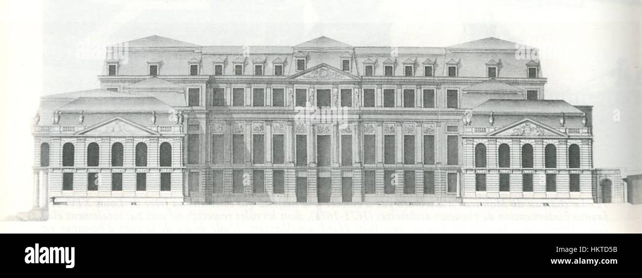 Le dessin de la façade de l'Château Saint-Cloud illustre l'élégance architecturale de la résidence royale française, avec des détails ornés typiques du style baroque français du XVIIe siècle. Banque D'Images