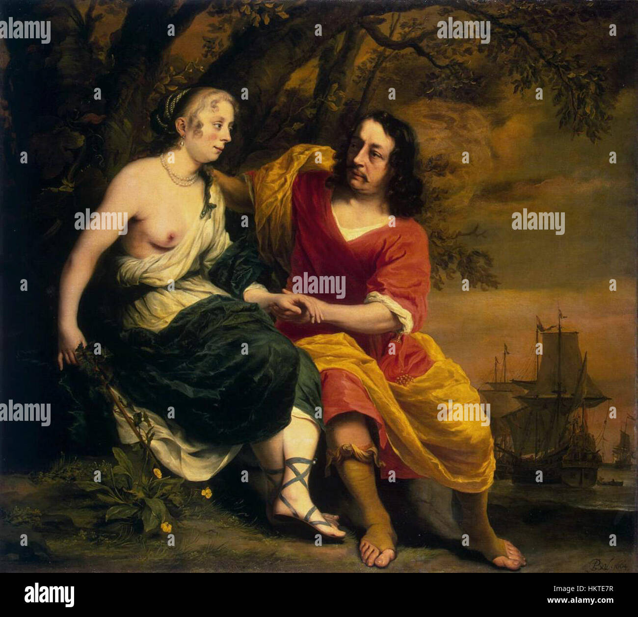 Cette peinture à l'huile de Ferdinand bol représente les figures mythologiques Bacchus et Ariane, illustrant leur rencontre dramatique dans la mythologie classique. L'œuvre met en valeur la maîtrise de bol en matière de lumière et de couleur, typique du baroque hollandais du XVIIe siècle Banque D'Images