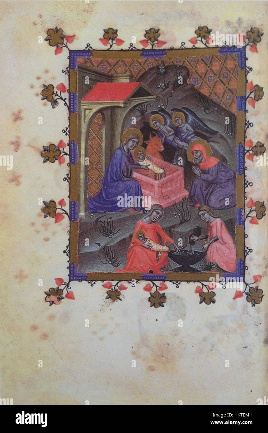 Le manuscrit 'Llibre hores' de Ferrer Bassa présente des textes et illustrations enluminés complexes. L'œuvre, produite au XIVe siècle, est un exemple significatif de catalan médiéval géré Banque D'Images