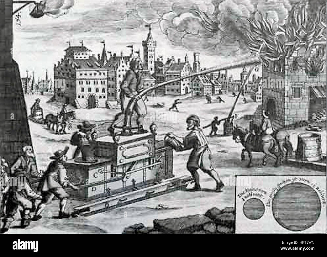 Cette œuvre d'art historique, 'Feuerwehr Nürnberg 1661', représente les premiers pompiers de Nürnberg, en Allemagne, datant de 1661. La peinture met en valeur les techniques de lutte contre l'incendie et les équipements utilisés pendant cette période, donnant un aperçu de l'histoire de la sécurité publique et des services municipaux en Europe. Banque D'Images