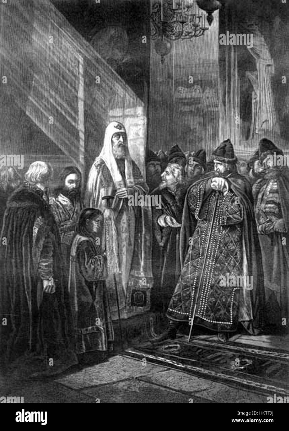 Cette peinture historique représente Filipp et Ivan IV, Ivan IV (Ivan le terrible) étant un tsar russe notable. L’œuvre reflète les temps turbulents du règne d’Ivan IV, marqués par sa domination puissante mais violente sur la Russie. Banque D'Images
