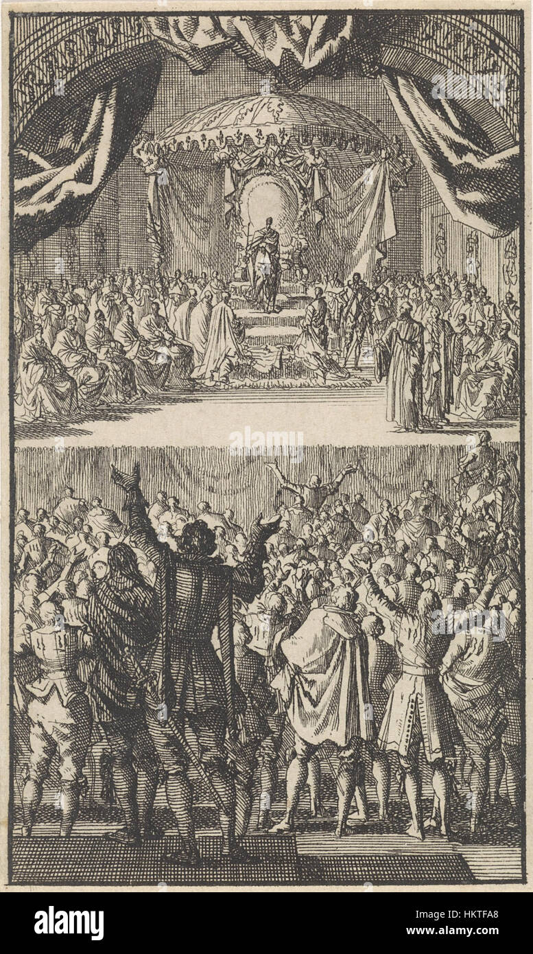 Cette gravure de 1581 de Jan Luyken représente le couronnement de Philippe II en tant que roi du Portugal. L'œuvre reflète le moment historique de l'ascension du monarque espagnol au pouvoir au Portugal, capturant la cérémonie dans un style détaillé et historique. Banque D'Images