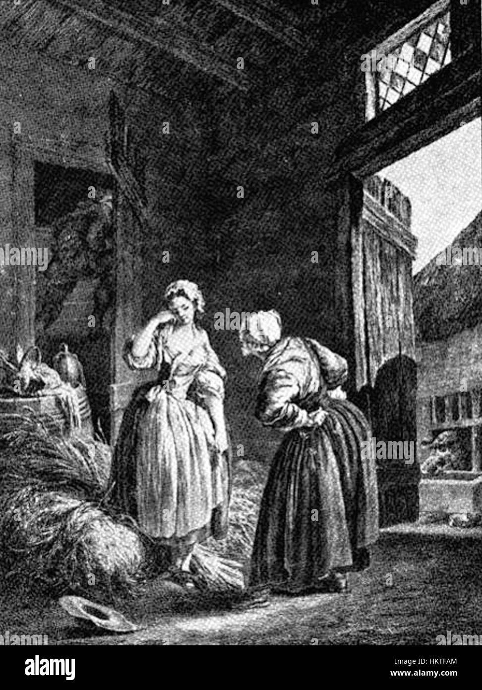 'Fille mal Gardée' de Pierre Antoine Baudouin, plus précisément la scène 'le Reprimande', dépeint une scène de genre française animée du XVIIIe siècle. La peinture représente un moment de réprimande, mettant en valeur les dynamiques sociales et les manières délicates de l'époque. Banque D'Images