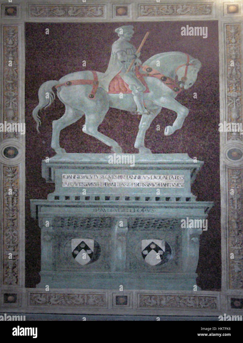Une peinture représentant le Duomo de Florence avec un accent sur la figure de Sir John Hawkwood, un mercenaire anglais. L'œuvre d'art capture à la fois la grandeur architecturale de la cathédrale et l'importance historique de la figure. Banque D'Images