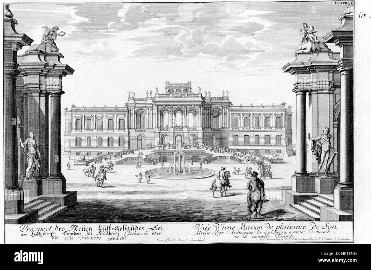 Cette œuvre de Fischer von Erlach met en valeur la conception architecturale du XVIIe siècle. La pièce capture des détails complexes de l'architecture de style baroque, mettant l'accent sur la symétrie et le design grandiose, une caractéristique du style de construction de l'époque. Banque D'Images