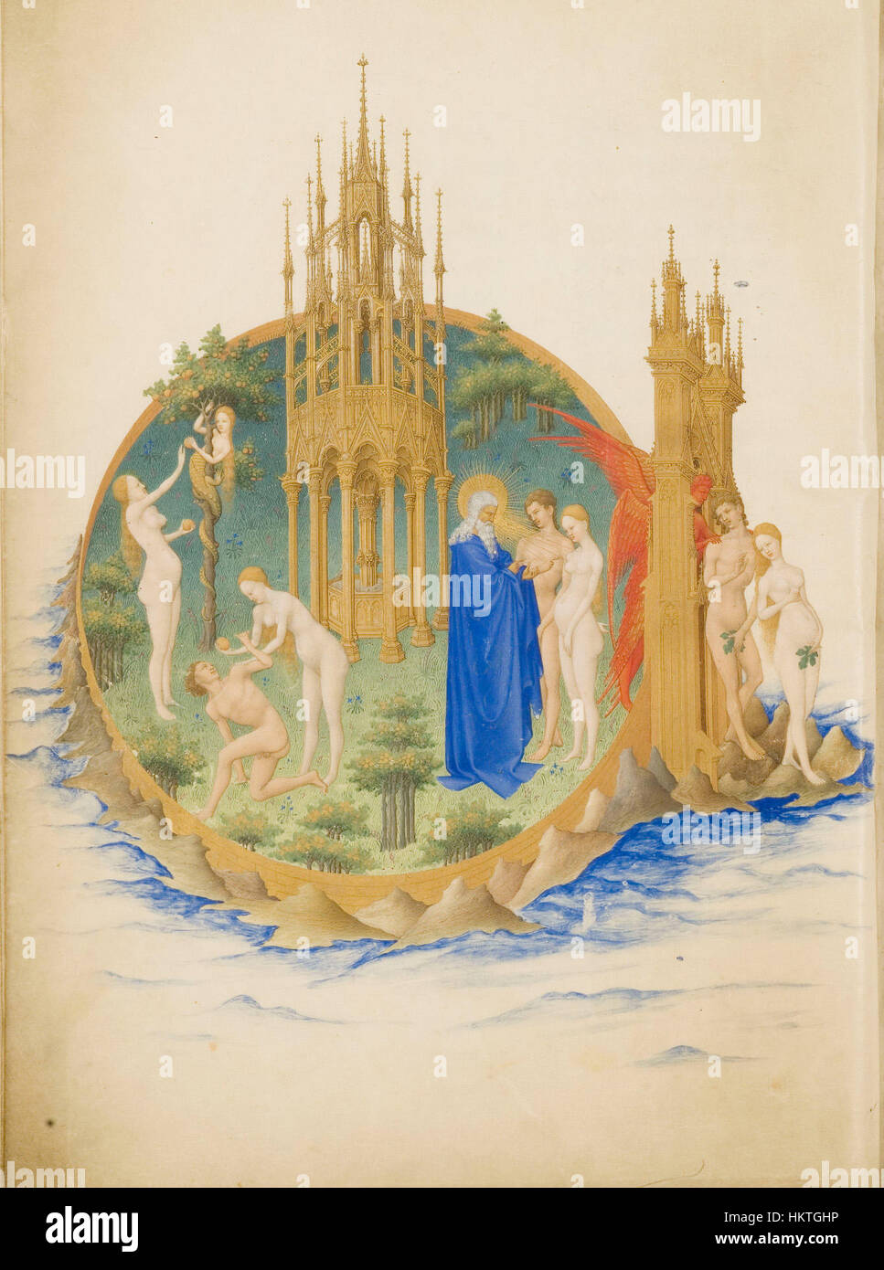 Le jardin biblique d’Éden, représentant Adam et Ève dans un paradis luxuriant, tel qu’illustré en détail sur le folio 25v, présentant des représentations symboliques de la tentation et de l’innocence. Banque D'Images