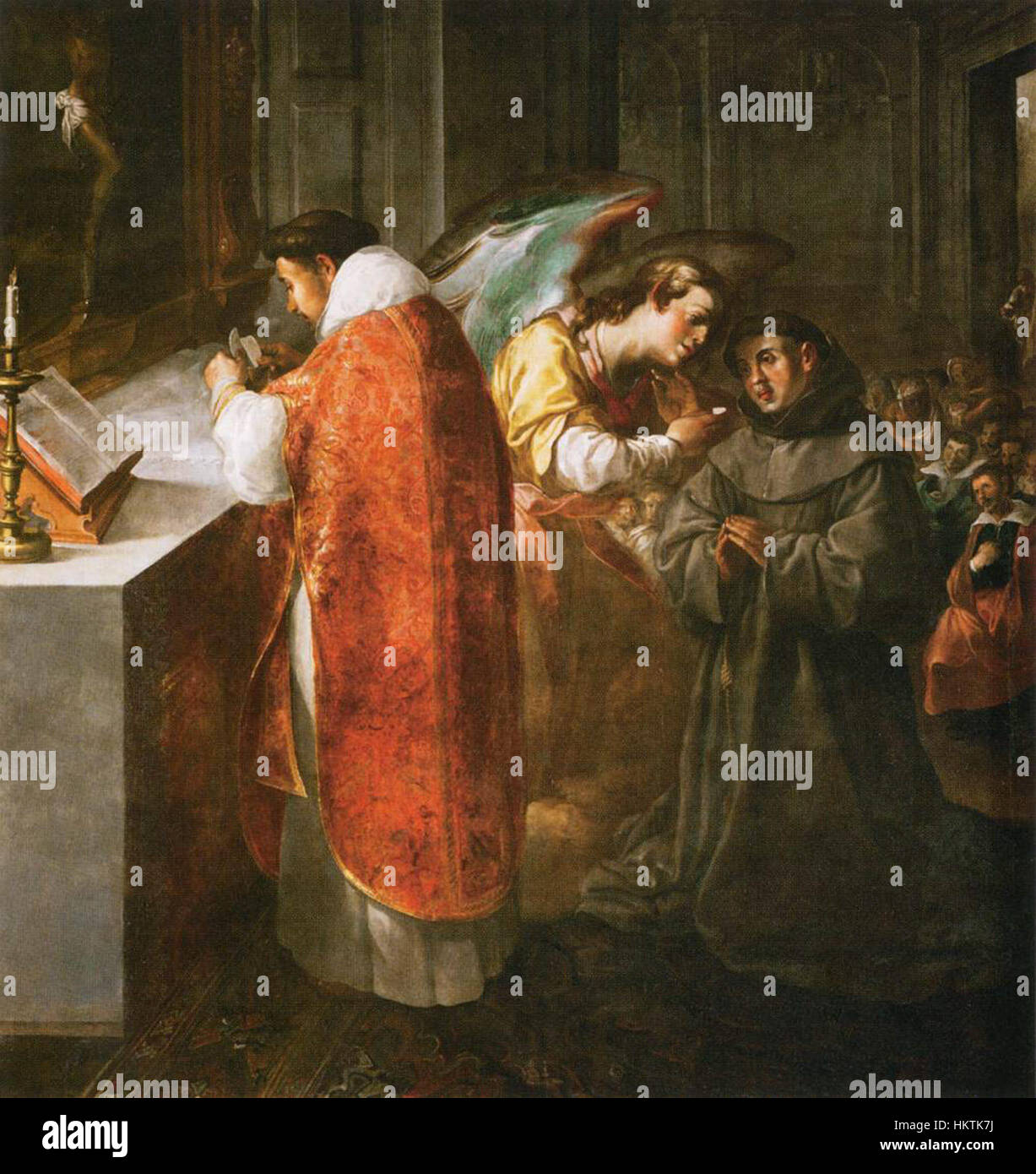 Dans 'Bonaventura recevant l'Armée des mains d'un Ange', Francisco de Herrera (I) capture un moment d'intervention divine. La peinture représente Saint Bonaventura recevant la communion d'un ange, mettant l'accent sur la dévotion religieuse. Banque D'Images