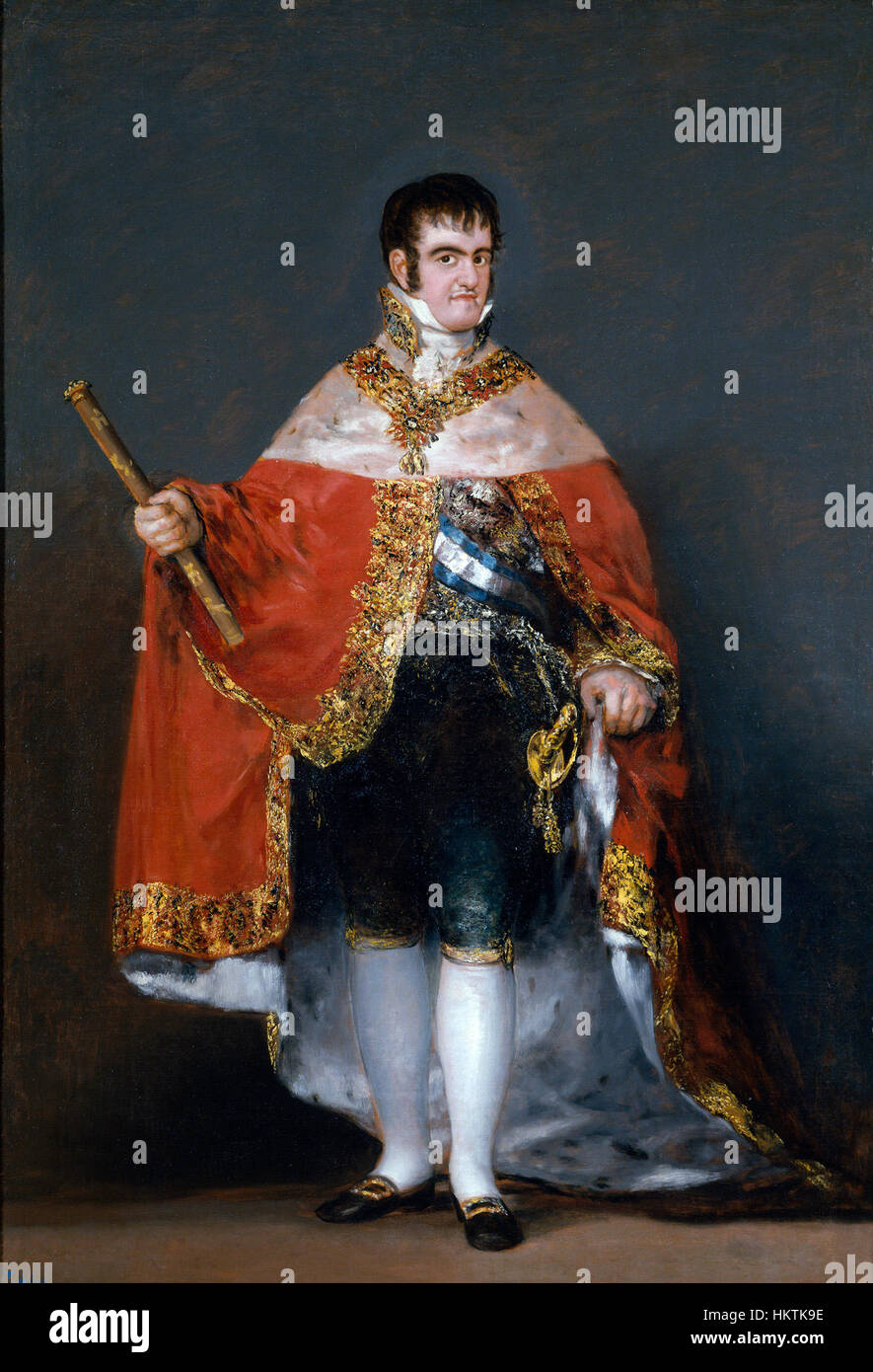 Le Portrait de Ferdinand VII d'Espagne dans ses robes d'État de Francisco Goya (1815) capture le roi espagnol en tenue royale, mettant en valeur la technique habile de Goya dans le portrait et son rôle dans la documentation de la monarchie espagnole au début du XIXe siècle. Banque D'Images Le Portrait de Ferdinand VII d'Espagne dans ses robes d'État de Francisco Goya (1815) capture le roi espagnol en tenue royale, mettant en valeur la technique habile de Goya dans le portrait et son rôle dans la documentation de la monarchie espagnole au début du XIXe siècle. Banque D'Images