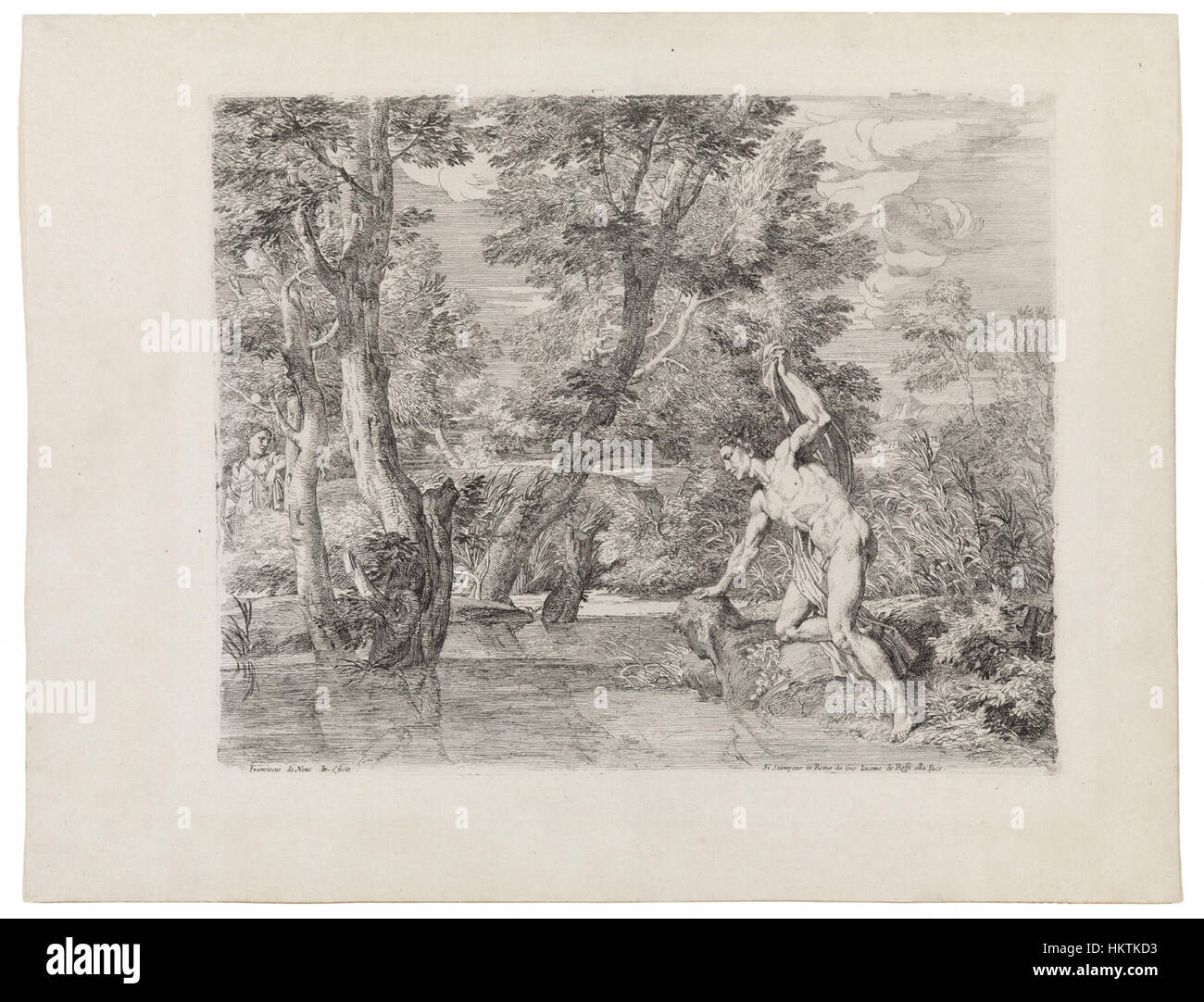 'Paysage avec Narcisse et Echo' de Franciscus de Neve (II) dépeint l'histoire mythologique de Narcisse et Echo, dans un paysage naturel serein. La peinture capture le moment de la réflexion de Narcisse dans l'eau, avec la faible présence d'Echo en arrière-plan, mêlant mythologie classique et paysage Banque D'Images